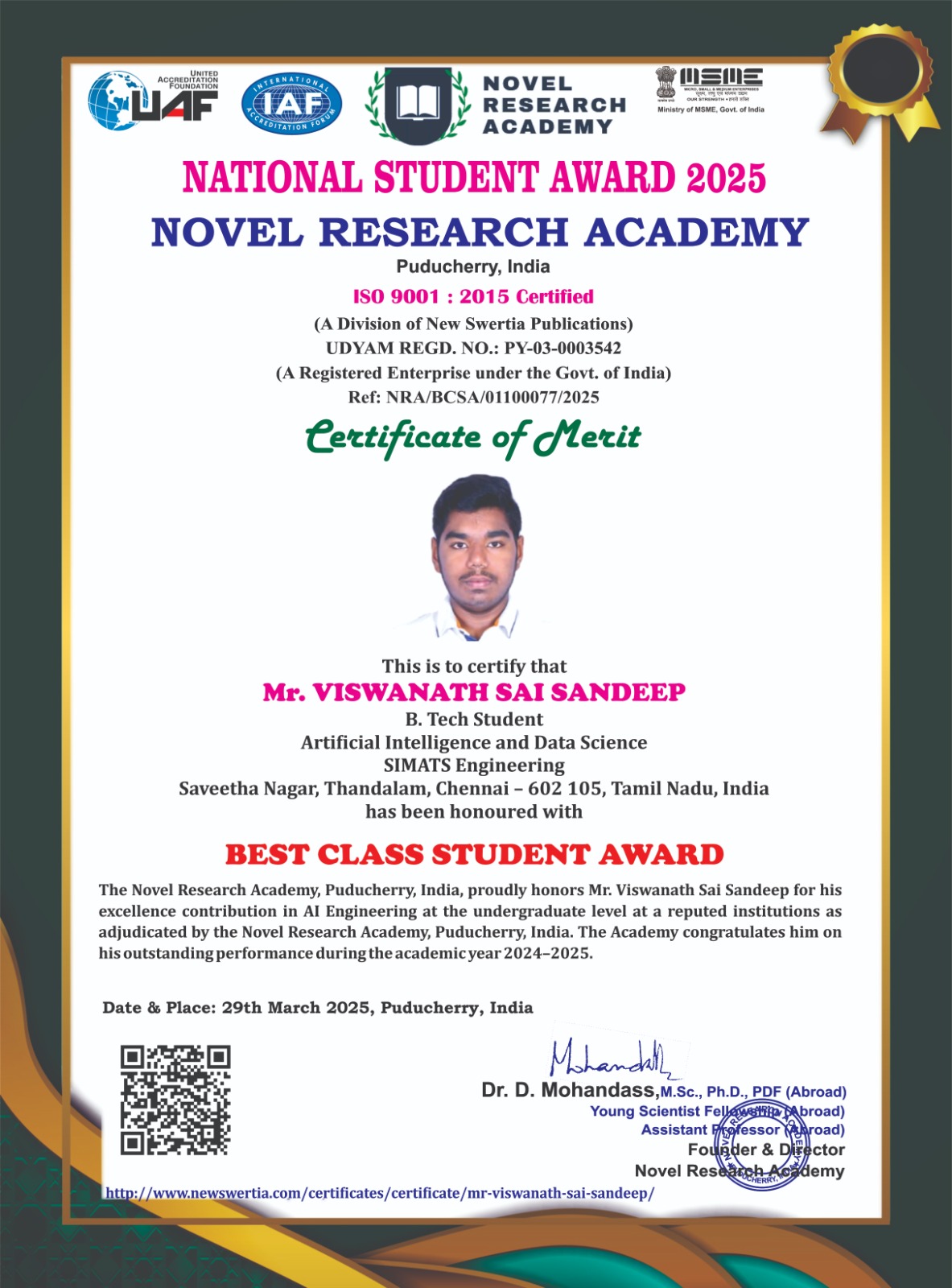 Best Class Student Award — Novel Research Academy